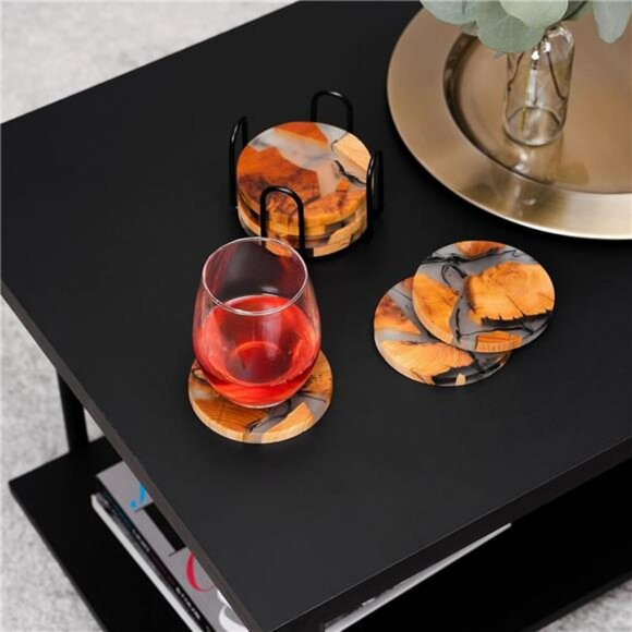 Wooden Resin Drink Coasters Set of 6 with Holder Absorbent Coffee Table Decor - Picture 5 of 7